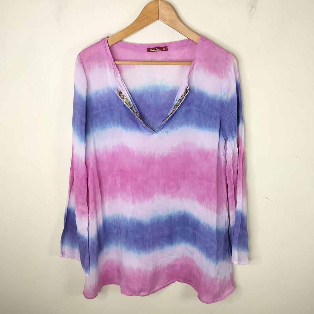 Barbara Lesser Tie Dye Tunic Beaded Sequin Neckline Boho‎ Fairy